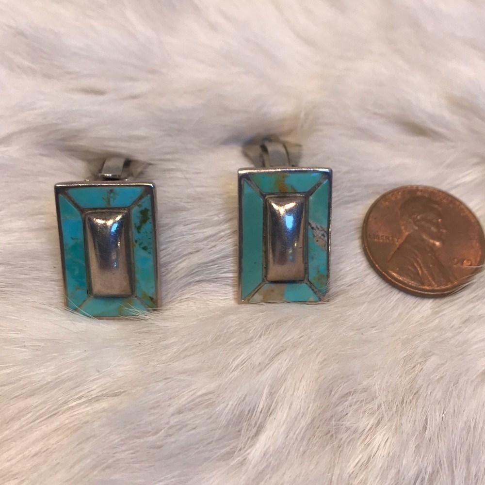 Vintage Turquoise Inlay Earrings Sterling Silver 925 Clip on